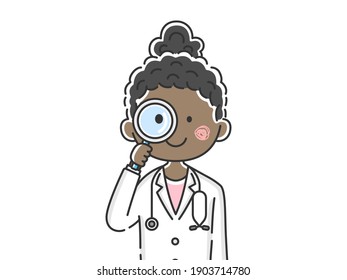 Illustration of a black female doctor looking through a magnifying glass.
