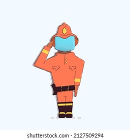 Illustration Of A Black Firefighter In Boots And A Safety Helmet Saluting. The Face Is Covered With Glass. Vector. Isolated White Background.