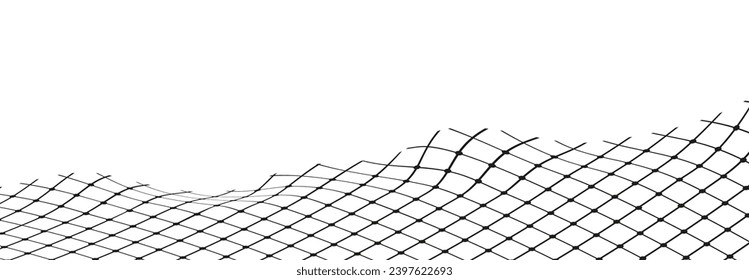 Illustration of a black fishing or football net.Checkered wavy background in doodle style.