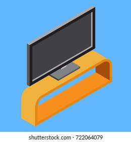  Illustration of black flat screen TV on shelf, television set, electric home equipment, 3d isometric flat design object. Vector Illustration.