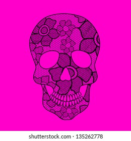 Illustration of black floral lacy skull on a pink background