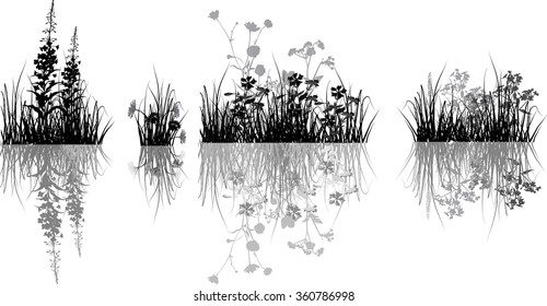 illustration with black flowers and grass isolated on white background
