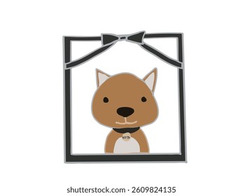 Illustration of a black frame with a black ribbon for a funeral portrait and a photo of a pet dog