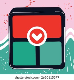 Illustration of a black framed square with red and green sections and a white downward arrow icon