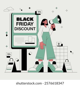 Illustration Black Friday Discount concept. A woman is holding a megaphone