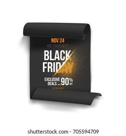 Illustration of Black Friday Poster. 3D Realistic Vector Paper Scroll with Black Friday Discount Template Isolated on White