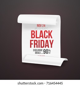 Illustration of Black Friday Poster. 3D Realistic Vector Paper Scroll with Black Friday Discount Template
