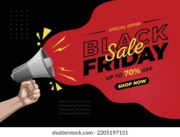 An illustration of black Friday sale banner with promo loud speaker 