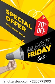 An illustration of black Friday sale banner with promo loud speaker 