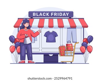 illustration of a Black Friday Sale featuring a person standing and holding a shopping bag while promoting the online store. The store showcases clothing items, including t-shirts and pants.