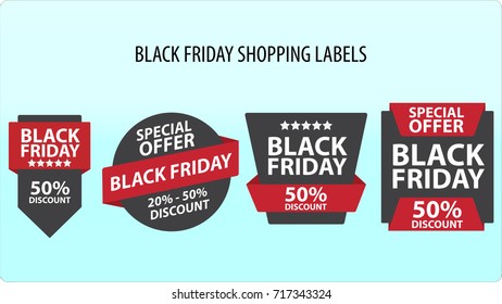 illustration of Black Friday sale labels collection. there are four labels Black Friday, Discount, Special Offer, 50% Discount on black and red color