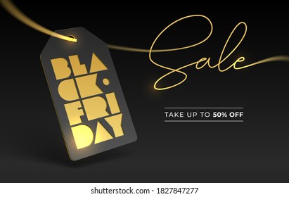 Illustration with BLACK FRIDAY typography and price tag, gold foil letterpress. Discount 50 fifty percent. Banner lettering for online and offline business, store. Vector template for banner, flyer.