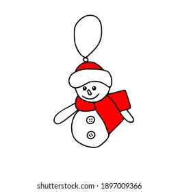 An Illustration of a black fun snowman with a red scarf and a hat isolated on a white background looks like a christmas ball