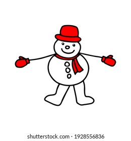 Illustration of a black fun snowman in a red hat, mittens and a scarf isolated on a white background for Christmas decoration