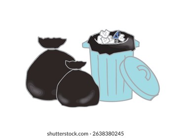 Illustration of a black garbage bag full of trash and a trash can full of garbage