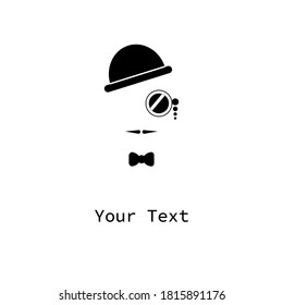 An illustration with black gentleman silhouette on white background. Hat, moustache, lorgnette. English man logo concept.