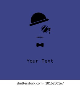 An illustration with black gentleman silhouette on blue background. Hat, moustache, lorgnette. English man logo concept.