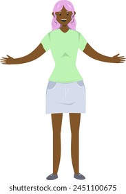 Ilustración de una chica negra con en estilo plano sobre fondo blanco. Ilustración plana sobre el tema de la positividad corporal.