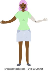 Ilustración de una niña negra con un brazo protésico en estilo plano. Ilustración plana sobre el tema de la positividad corporal.