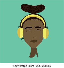 Illustration of a black girl in yellow headphones. Listen to music