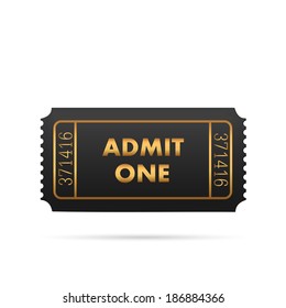 Illustration of a black and gold admit one ticket isolated on a white background.