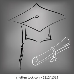  illustration with black graduation cap on a gray background