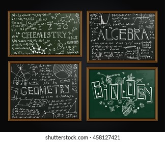 The illustration of black and green scientific backgrounds with chalk handwriting. School class blackboard. Totally vector fully scalable image with white handwritten text.