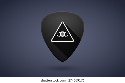 Illustration of a black guitar pick icon with an all seeing eye