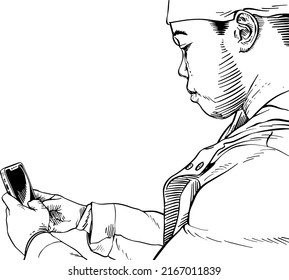 Illustration of black guy, in profile, from the waist up, with bandana and vest looking at the smartphone. Black vector illustration on white background