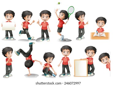 Illustration of a black hair boy in different position