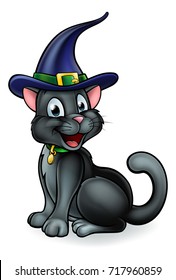 An illustration of a black Halloween witches cat cartoon character in a hat