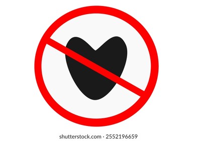 Illustration of a black heart crossed out by a red prohibition sign. themes of rejection, heartbreak, or forbidden love. Useful for concepts against affection or romantic relationships. no love sign