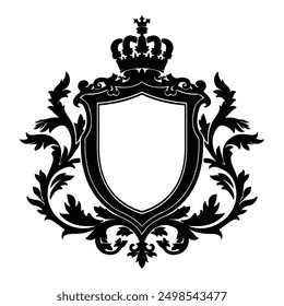 Ilustración de escudo heráldico negro con corona y hojas de laurel contorno de vista gruesa aislado fondo blanco