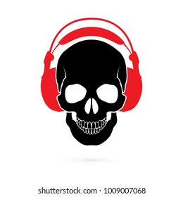 Illustration of Black Human Skull in Headphones on White. Graphic Design Concept for Podcast Icon or Recording Studios Icon