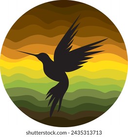 
Illustration of black hummingbird in nature, shadow on a multicolored circle, wildlife, logo.