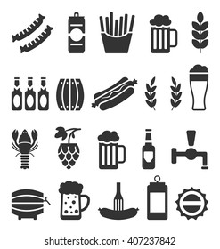 Illustration Black Icons of Beer and Snacks Isolated on White Background - Vector