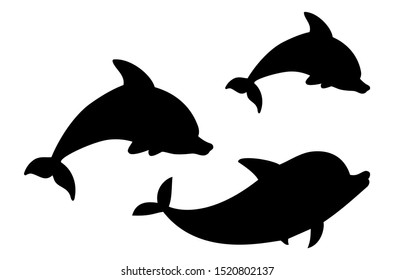Illustration of Black isolated silhouette of 3 dolphins jumping on white background.