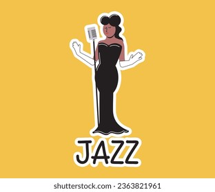 Illustration of black jazz singer woman, flat, minimalist, vintage, retro, with black dress and gloves, with microphone.