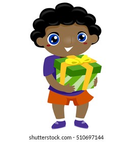 Illustration of a Black Kid Boy Carrying a Gift Box