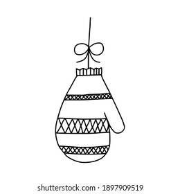 An Illustration of a black knitted mitten isolated on a white background looks like a christmas ball for decoration