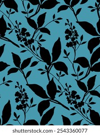 illustration of black leaves arranged on a blue background. seamless pattern textile design.