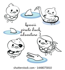 Illustration with black line art adventure theme, pirate duck, shark fin, crocodile and flamingo swim ring. Funny and cute design perfect for paper and textile projects.
