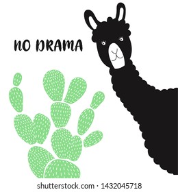 Illustration of a black llama with a cactus. Animal in the wild. Green succulent. Web banner, poster, advertising design.