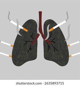 Ilustração de pulmões negros rodeados por cigarros, 
    simbolizando danos ao órgão pela exposição à fumaça. 
    Estilo minimalista, design de arte plana.