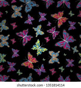 Illustration in black, magenta and blue colors. Vector. Fashion Fabric Design. Tropical seamless pattern with Exotic Butterflies.