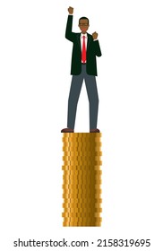 Illustration of a black male businessman riding on a gold coin. Infographics. Fist pump, eight heads tall
