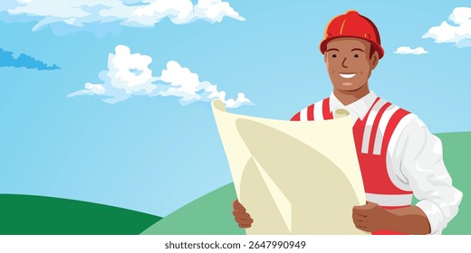 Illustration of a black male engineer with red helmet holding architectural drawing and smiling happy, with hills and cloudy blue sky in background vector design