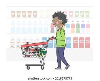 Illustration of a black man shopping in a shopping cart.