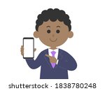 Illustration of a black man showing the screen of a smartphone.