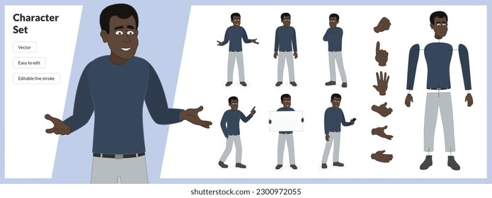 Illustration of black man, wearing business casual clothing in a set of multiple poses. Easy to edit with editable line strokes and isolated on white background. Suitable for animation.